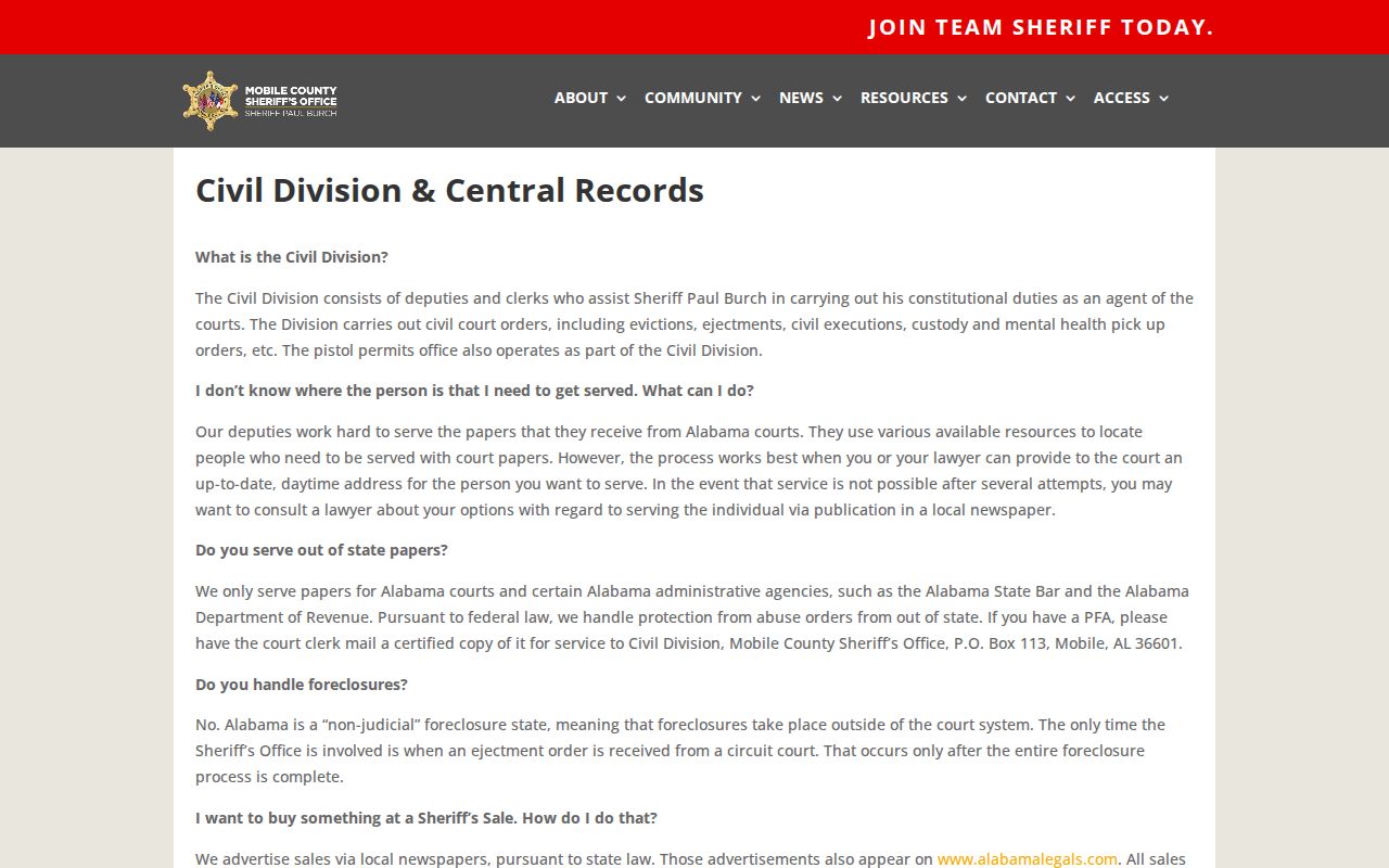 Mobile County Sheriff's Office booking record request information