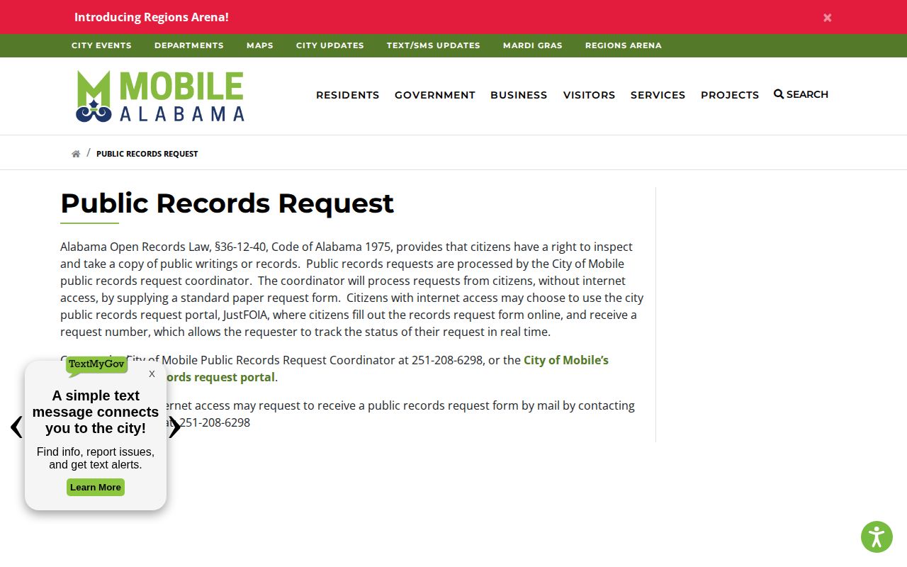 Mobile city public records request page for arrest records