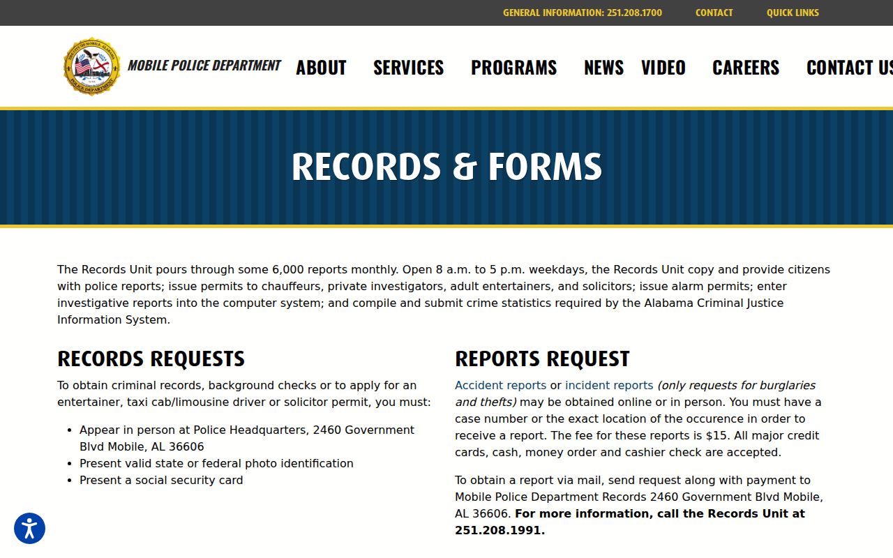 Mobile Police Department records page for Mobile arrest reports