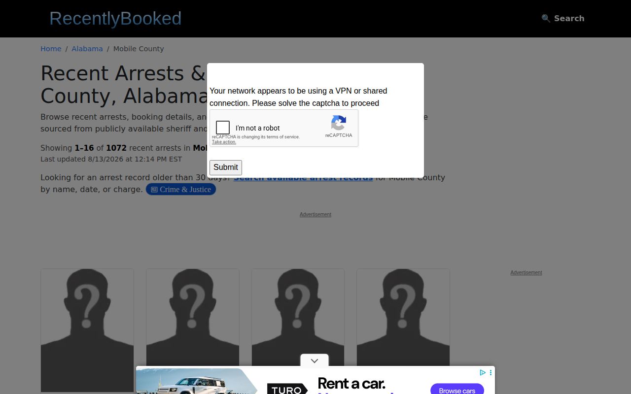 Unofficial Recently Booked Mobile County arrest listing interface with image placeholders