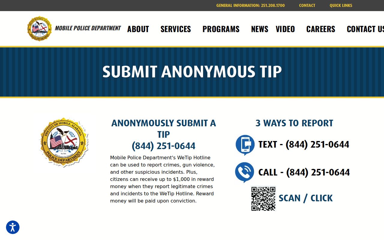 Mobile Police tip form for Mobile County wanted fugitive reports